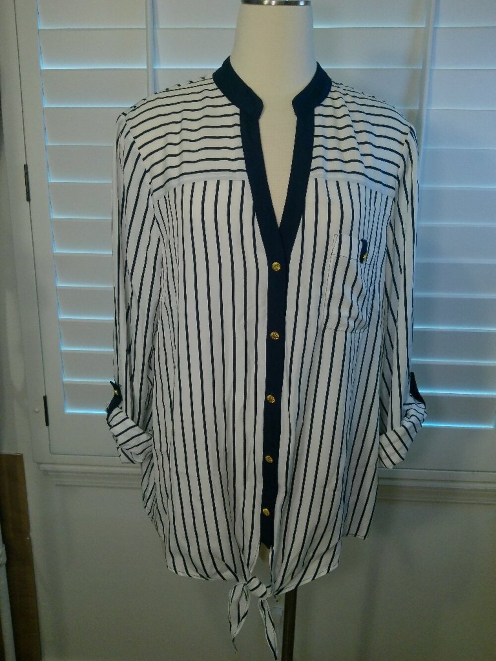 Anne Klein Womens Blouse White & Blue Striped Tie Front Size XL